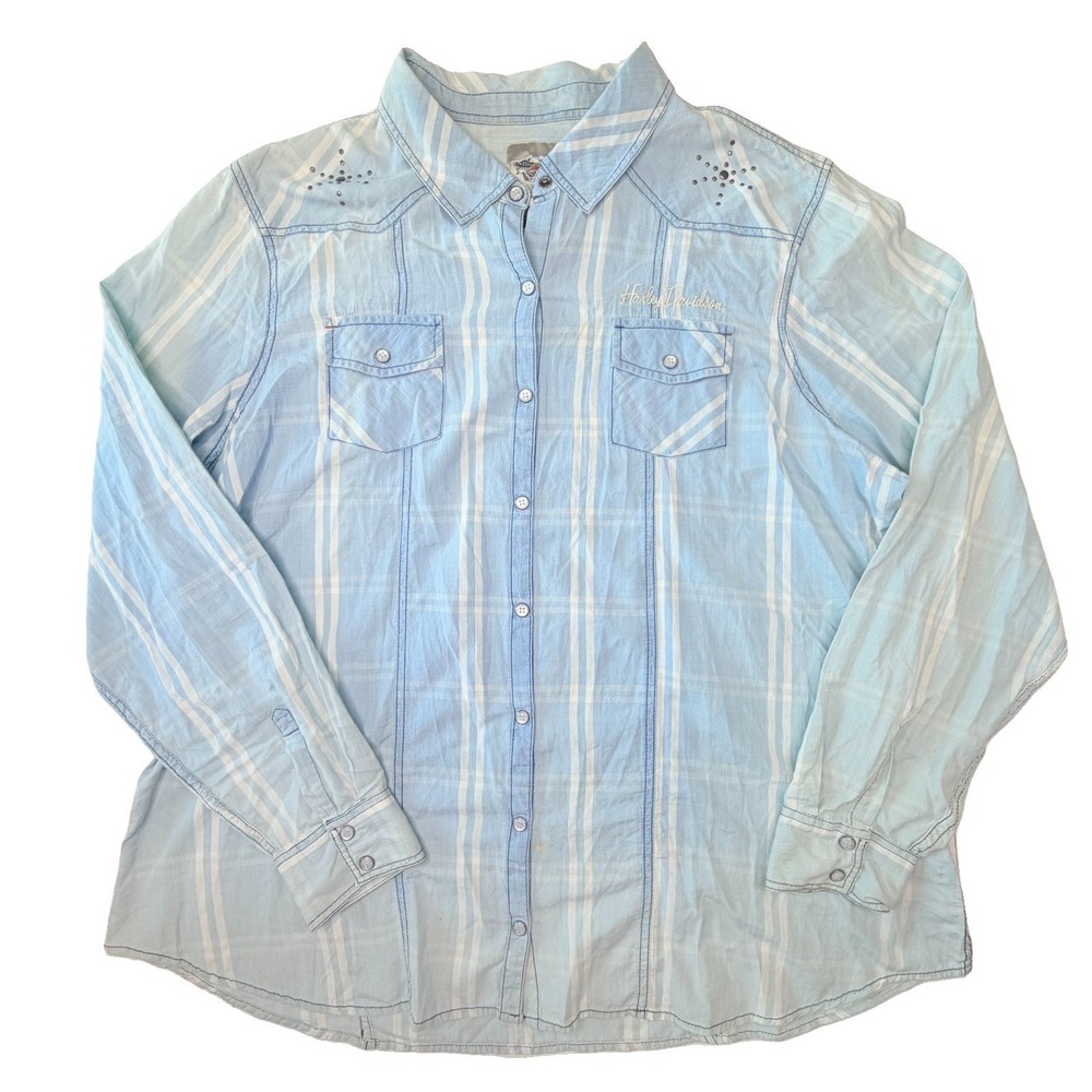 Harley-Davidson Women's 2W Blue Stripe Western Pearl Snap Shirt Embroidered